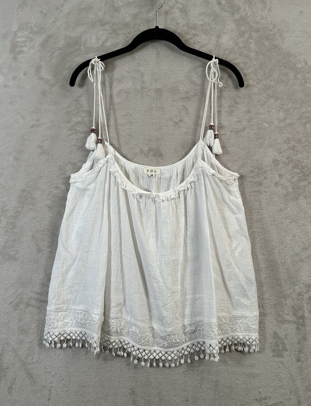 POL Tie Shoulder Tank Top Cotton Gauze Tassels Size M Bohemian Floral Embroidery